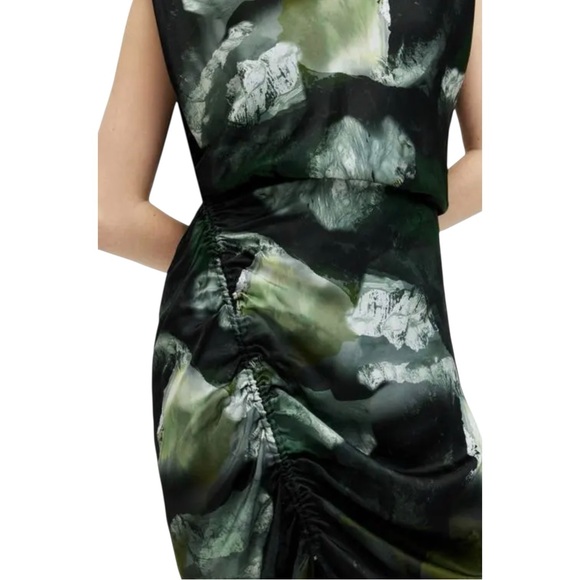 All Saints Isa Appalachian Abstract Green Silk Blend Sheath Midi Dress sz 4 - Picture 4 of 16
